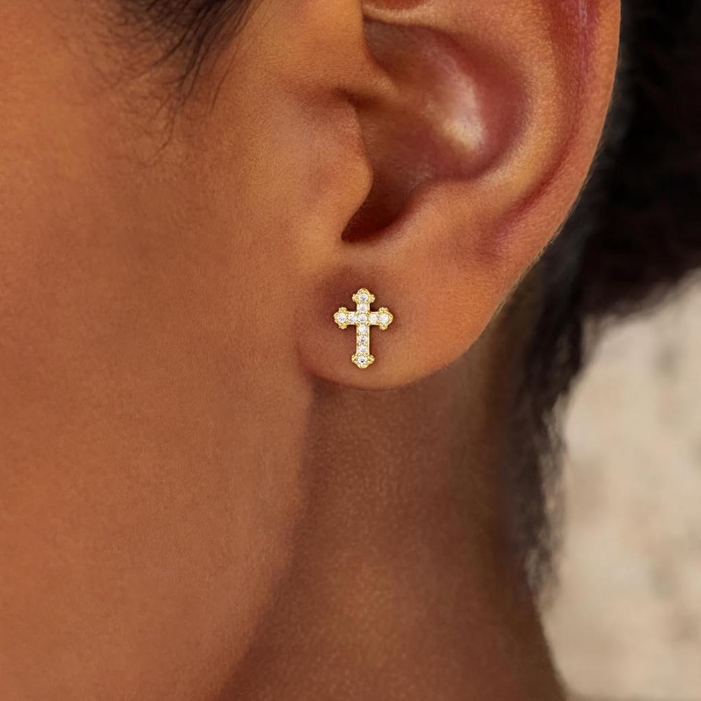 Cicy Bell Womens Flat Back Stud Earrings 18K Gold Plated Hypoallergenic | 316L G23 Surgical Titanium Steel, CZ Stud Jewelry, Tragus Helix Cartilage