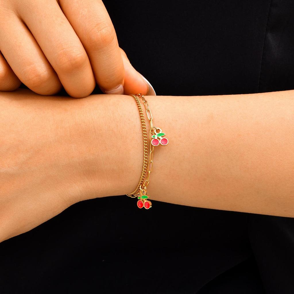Vnox Gold Plated Fruit Cherry Strawberry Bracelet For Woman New Fashion Stainless Steel Double Chain Bracelet Hand Jewelry