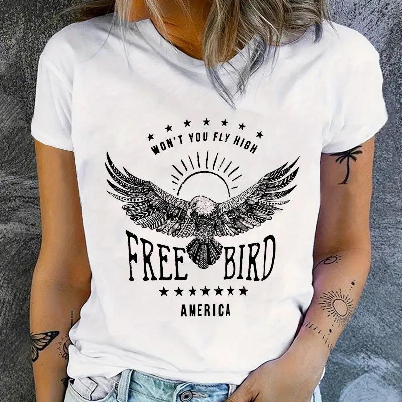 Women's Rock and Roll Free Bird Print T-Shirt Short Sleeve Casual Top for Spring & Summer with Comfortable and Stylish Clothing