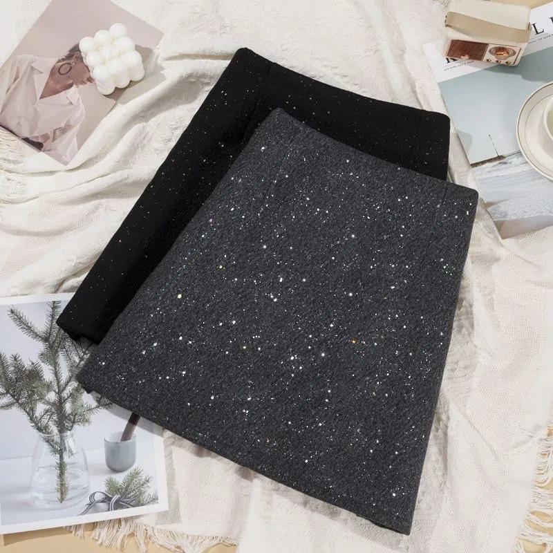 Women's Woolen Sequined High-Waisted A-Line Bodycon Skirt - Winter 2025 Petite French Style