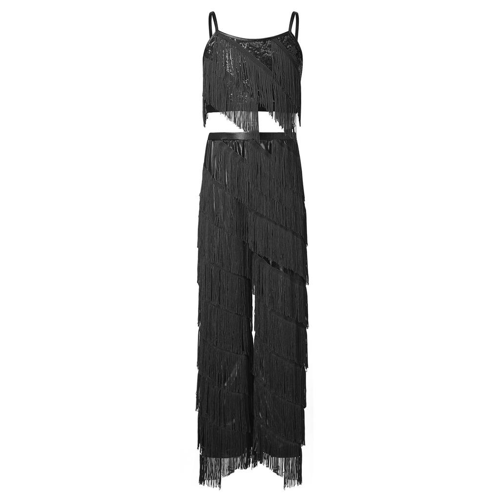 Completo da ballo latino per bambina con pantaloni metallizzati, spalline sottili regolabili, canottiera e frange