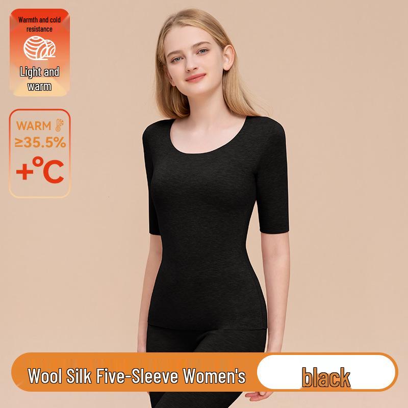Women's Wool Silk Mid-Sleeve Fleece-Lined Top - Warm Autumn Base Layer