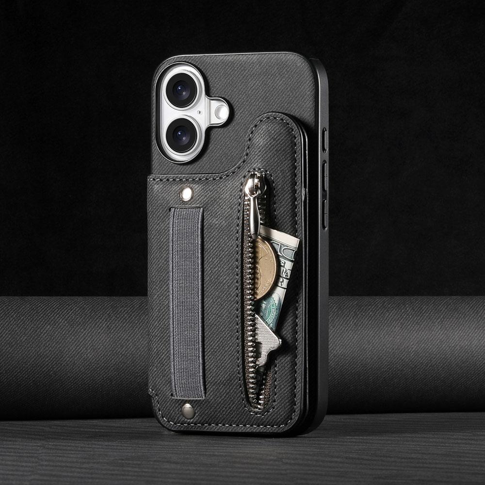 Zipper Cards Solt Wallet Leather Case for iPhone 16 15 13 Pro Max 14 Plus 16Pro 15Pro Elastic Rope Wrist Leather Cover