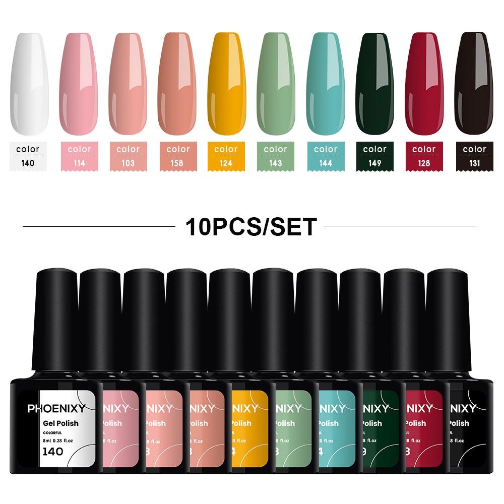 PHOENIXY 10Pcs/Set Mutilcolor Gel Polish Set Glitter Semi-Permanent UV Gel Nail Polish Hybrid Varnish Nail Gel For Nails Manciure Design