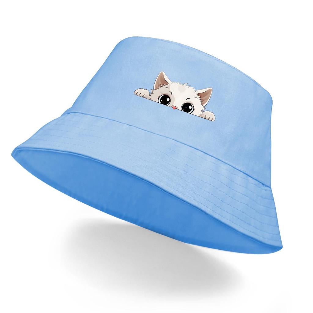 Bucket Hat With White Cat Print , Cartoon Pet Fisherman Hat Spring Lightweight Foldable Beach Hat
