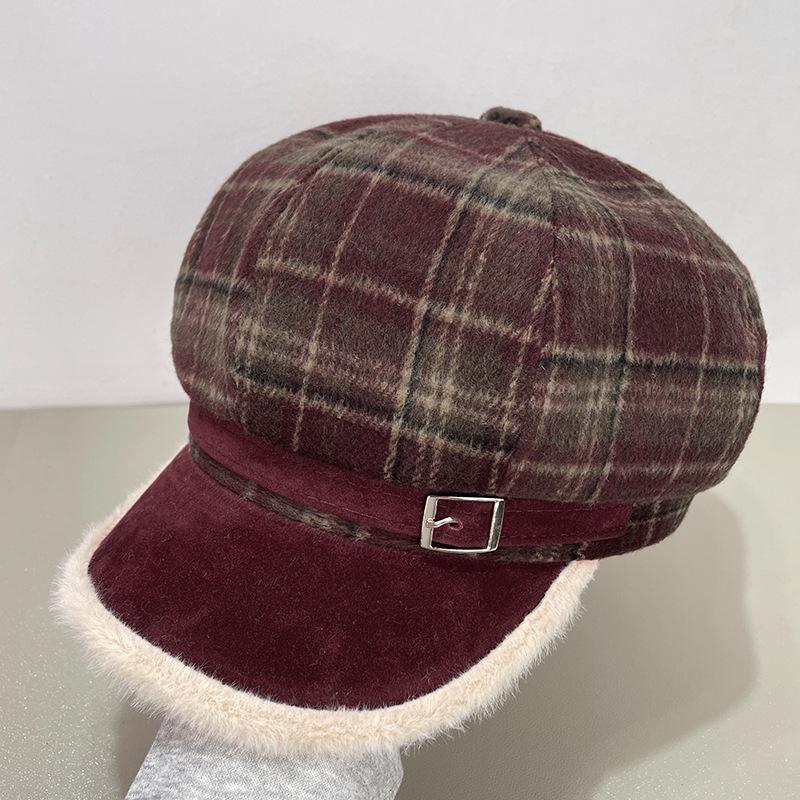 Retro Plaid Fur Edged Octagonal Hat for Women in Winter  Versatile Face showing Little Painter Newsboy Hat Woolen Warm Beret