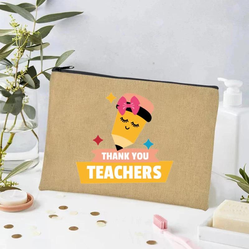 Thank You Teacher Print Linen Toiletry Bag Organizer Perfume Lipstick Cosmetic Bag Office Supplies Pencil Bag Teacher's Day Gift