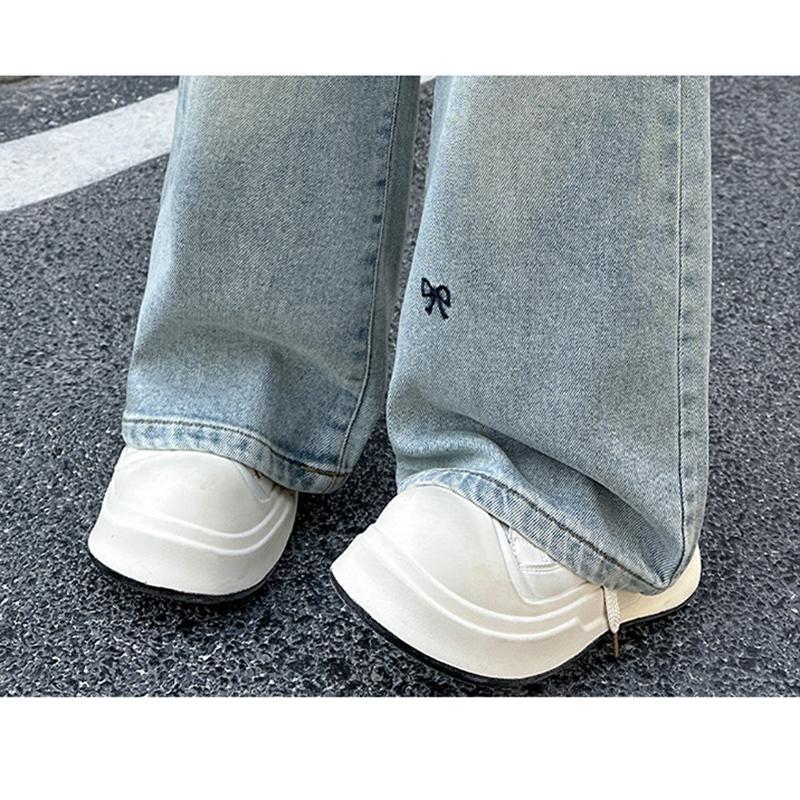 4-14 Years Spring Autumn Teenage Girls Jeans Full Print Bow Embroidery Wide-leg Denim Pants for Kids