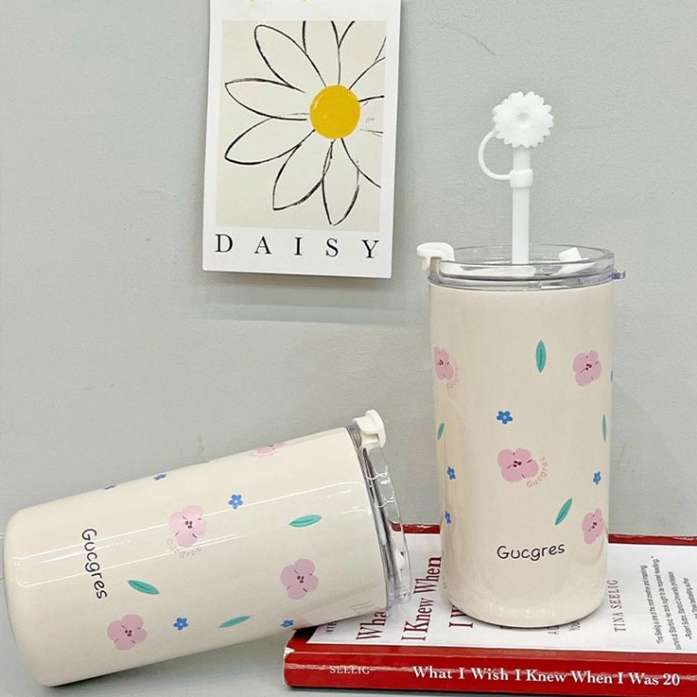 316 Stainless Steel Thermos Bottle For Girls Double Layer Thermal Coffee Cup With Straw Cherry Blossom Drinking Cup Travel Mugs