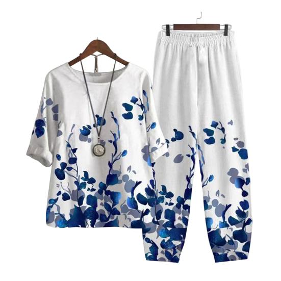 Elastic Waistband Top Pants Set Trendy Crew Neck Dressing Up Women Floral Plaid Print Wide Leg Harem Outfit