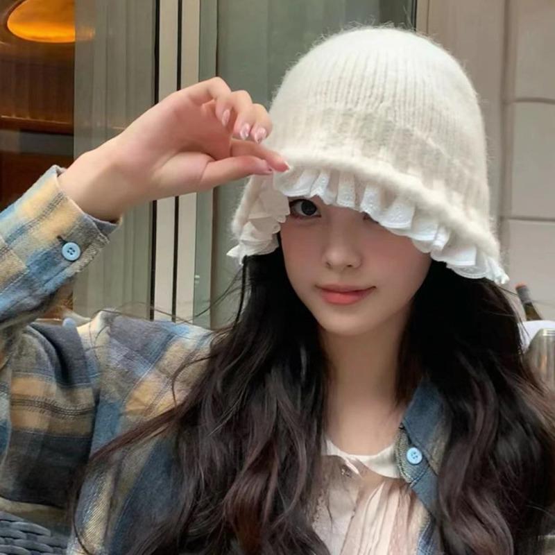 Lace Lace Knitted Bucket Hat Women Autumn and Winter Small Face Wool Hat Big Head Circumference Plush Hat Winter