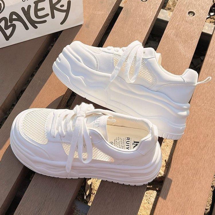2025 Summer New Mesh Platform White Shoes Women's Versatile Chic with Skirt Board Shoes Breathable and Lightweight Board Shoes Women