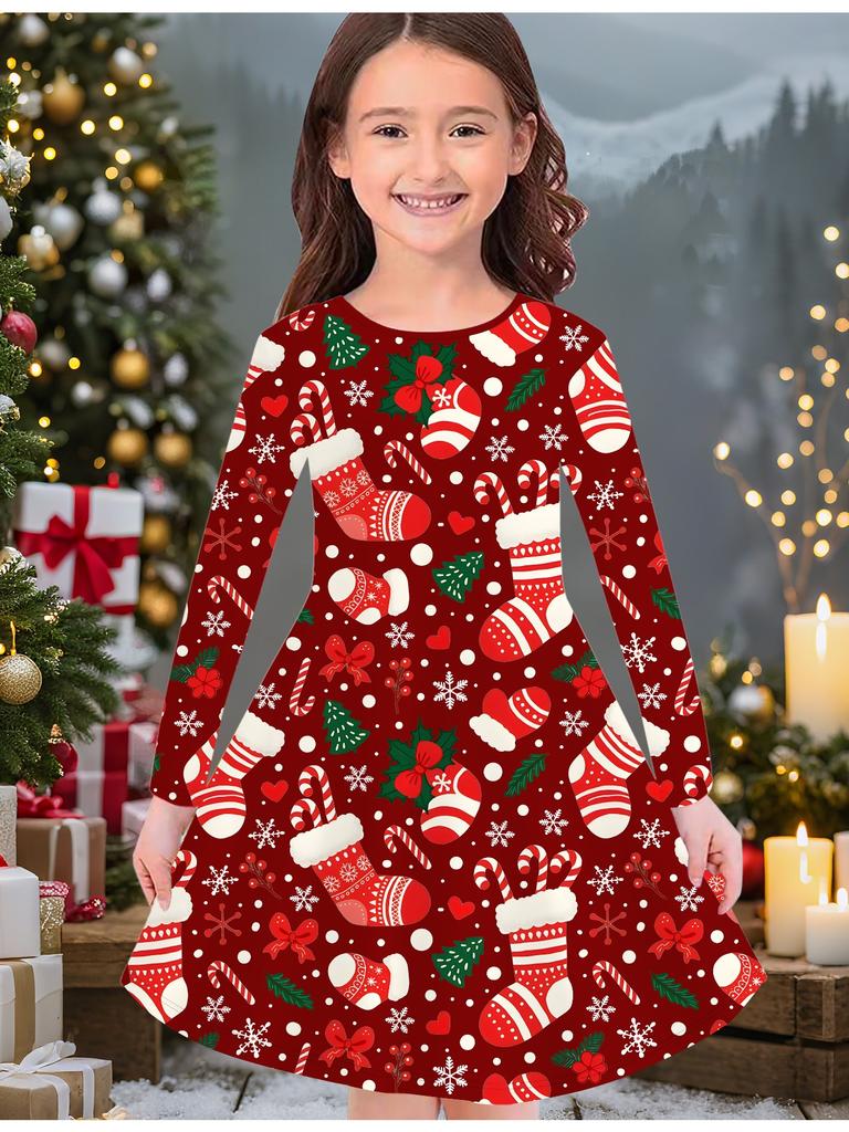 Φόρεμα Μόδας Φθινοπώρου και Χειμώνα για Κορίτσια, 3D Χριστουγεννιάτικη Εκτύπωση, Μακρύ T-shirt Φόρεμα Παιδικό με Στρογγυλή Λαιμόκοψη, Καθημερινό Ευέλικτο, Χριστουγεννιάτικα Ρούχα