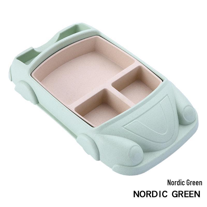 Wheat Cartoon Car Kids' Tableware Set: Divided Plate, Chopsticks, Fork, Spoon, Cup.