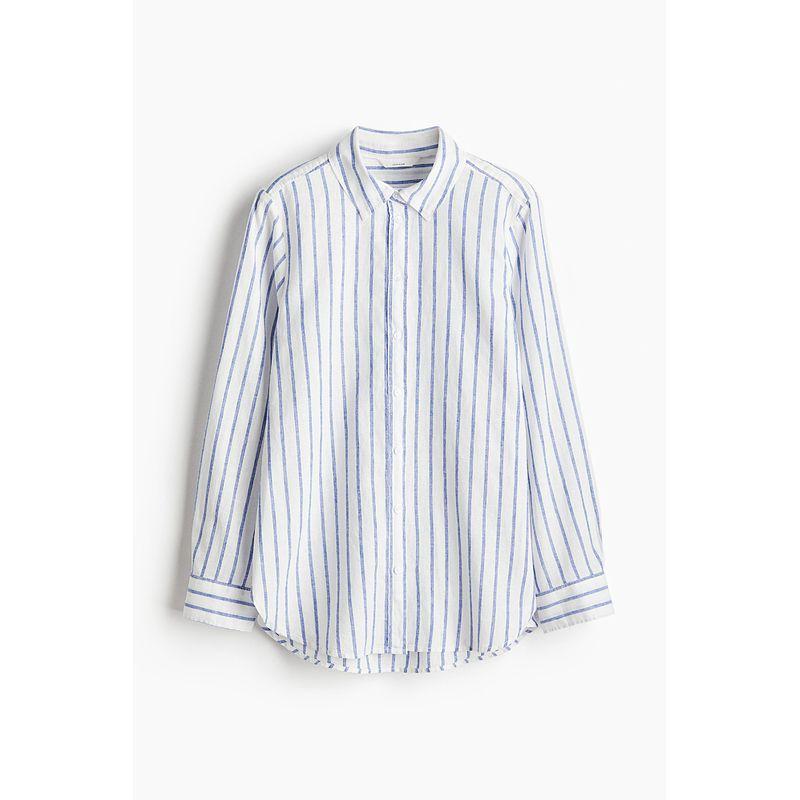 

HM 2025 Летняя Новинка Женская Рубашка из Смеси Льна 1256863 White/Blue Stripes 165/96(M)