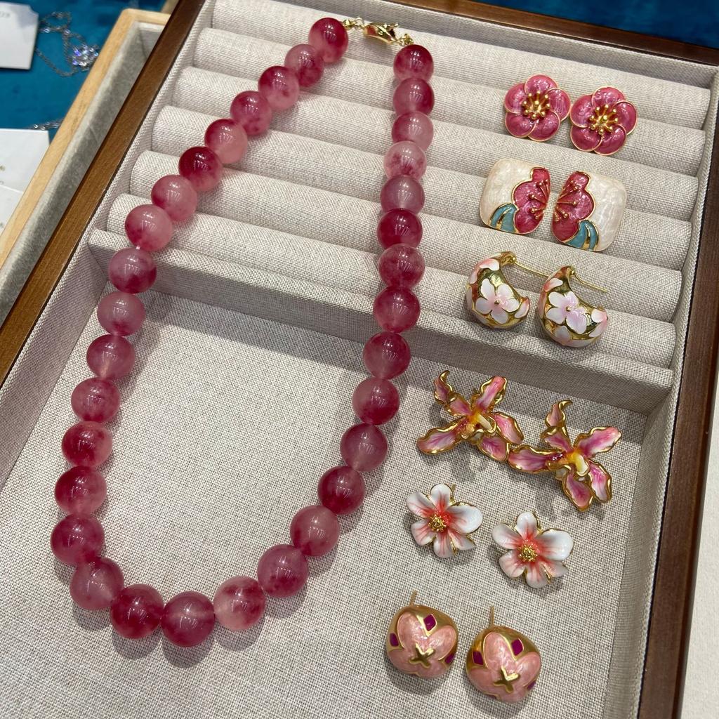 Natural Jade Brazilian Rose Stone Necklace 14Mm Pink Chalcedony Jewelry Set With Bright Color And Ruddy Luster For Women