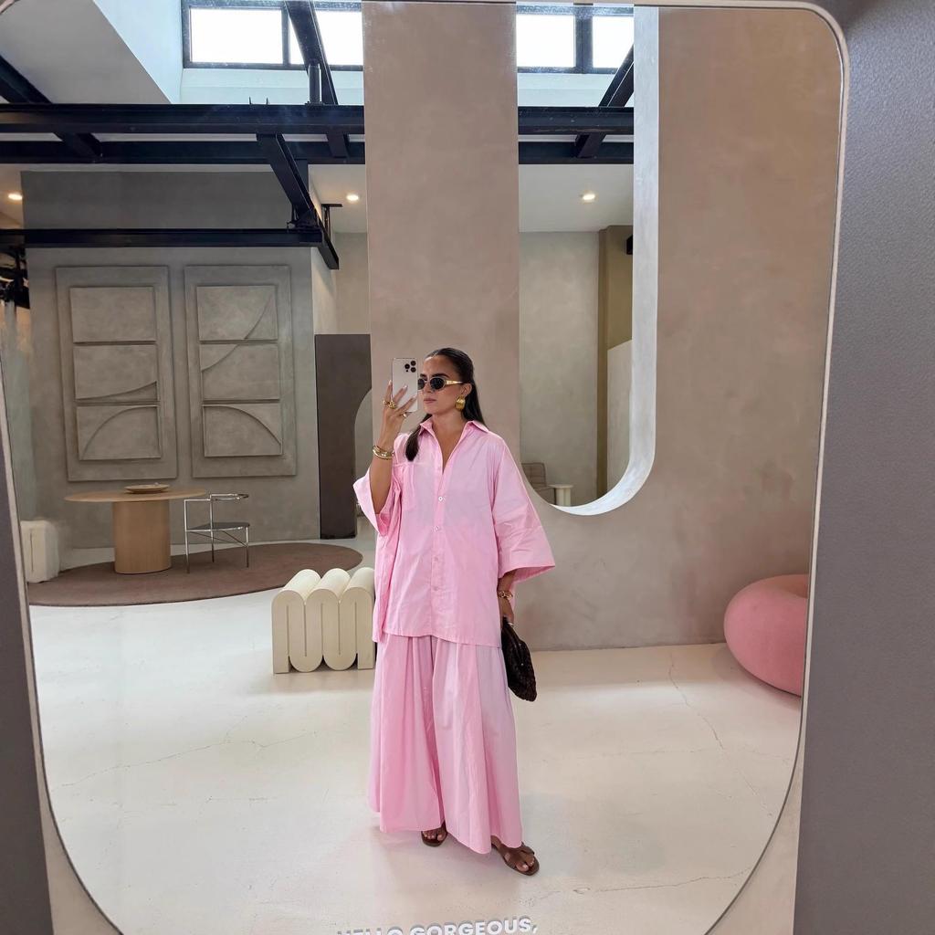 2025 Summer Yellow Pleated Women's Casual Shirt and Loose Pants Set - European and American Design.