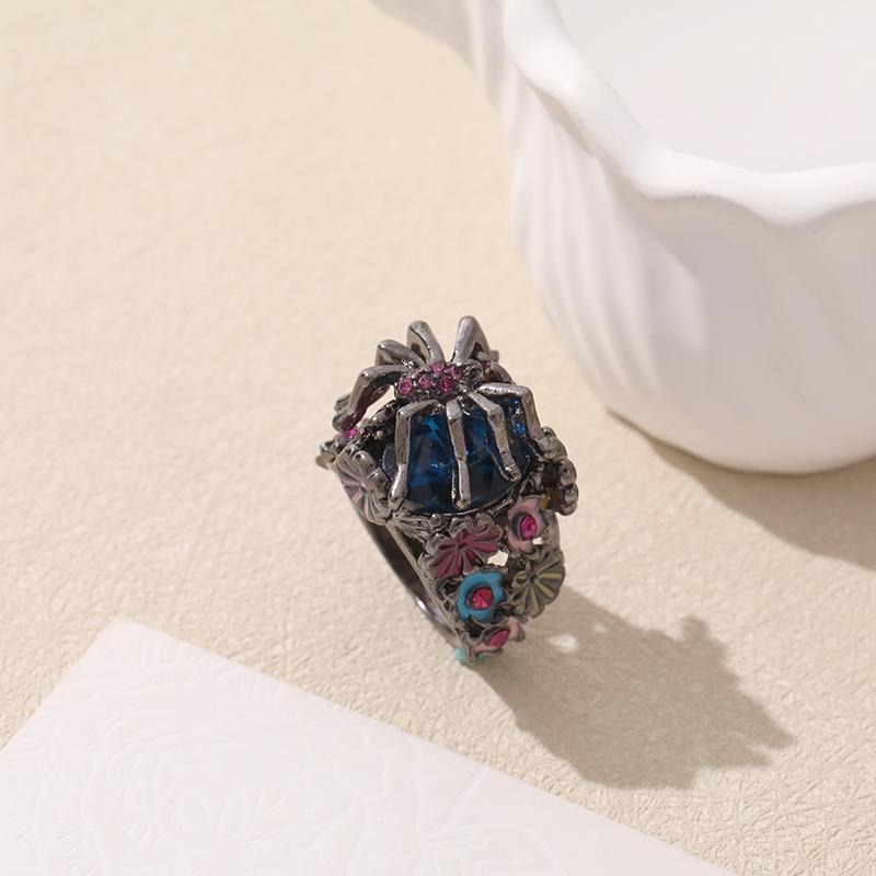 Huajie Cosplay Rings Spider Climbing Zircon Colorful Flower Creative Women's Ring Party Trend
