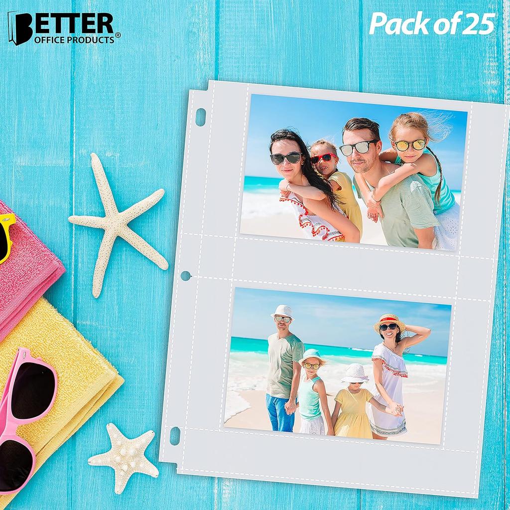 Better Office Products Heavyweight 4 x 6 Inch Diamond Clear 3 Ring Binder Page Refills - 100 Total Photos, Each 2-Pocket Sheet Holds Up to 4 Photos