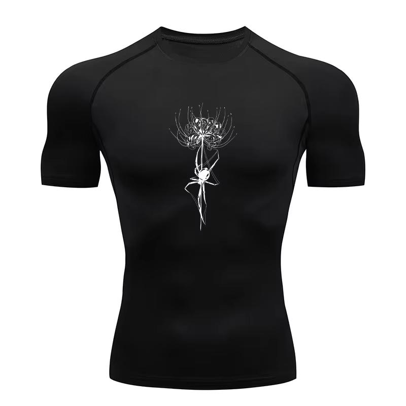 Herren Kompressions-T-Shirt, Fitnessstudio Laufen Schnell Atmungsaktiv Trocken Enganliegende Sportbekleidung, Totenblumen-Aufdruck T-Shirt Kurzarm RL0546