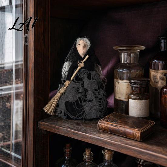 Dark Spooky Halloween Decor Kitchen Witch Doll Small Statue with Broom Multi-use Tabletop Party Decoration for Table Fireplace Holiday Home