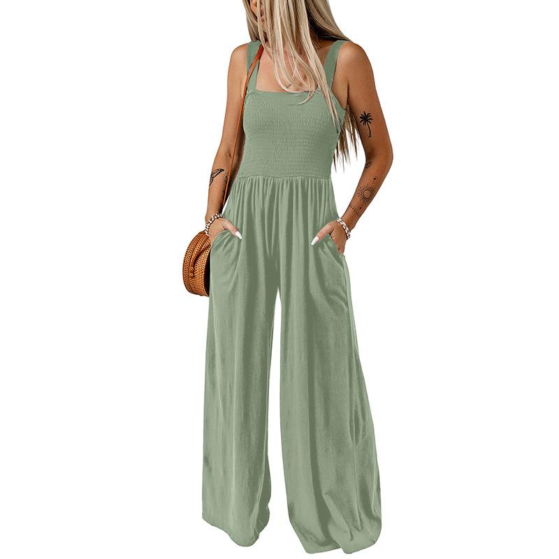 Summer and Autumn Pure Color Women Sexy Suspenders Sleeveless Jumpsuit Wide Leg Pants Office Work Ladies Romper