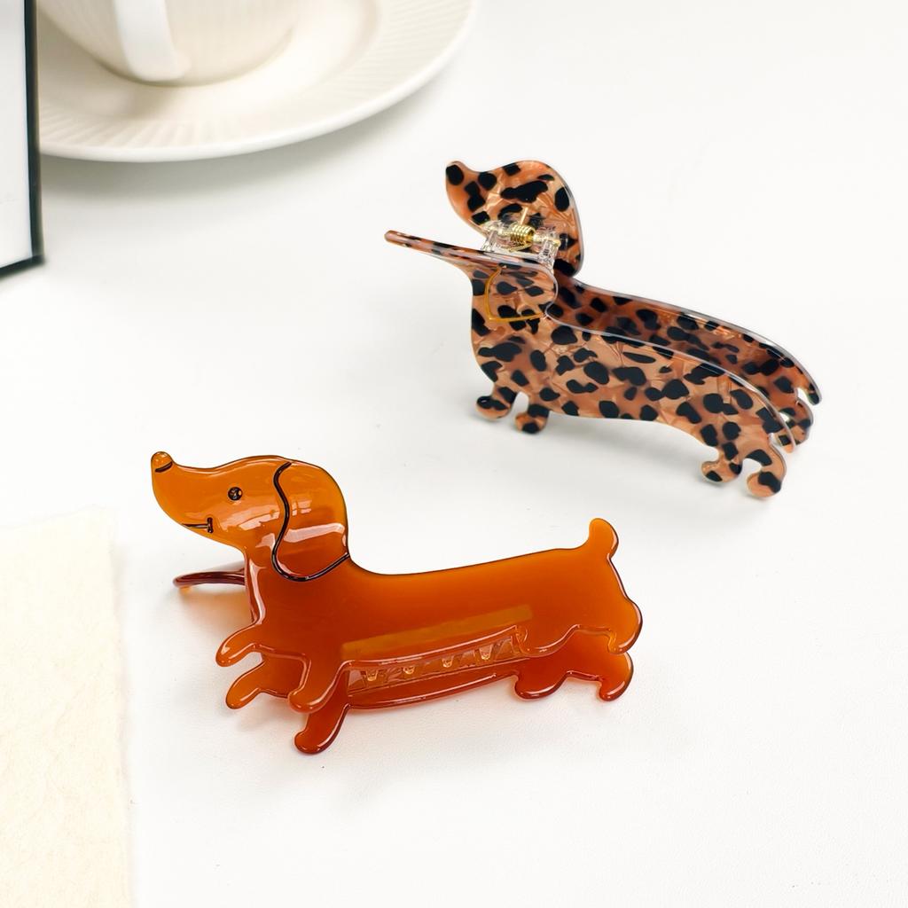 2026 Neuer Süßer Dackel Hund Haarspange Retro Leopardenmuster Uni Braun Acryl Haifischklemme Lustiges Tier Haaraccessoire Für Wo