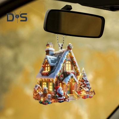 Christmas Ornament Snowy Village House Pendant 2D Flat Acrylic Log Cabin Hanging Decoration for Home Car Tree Decor