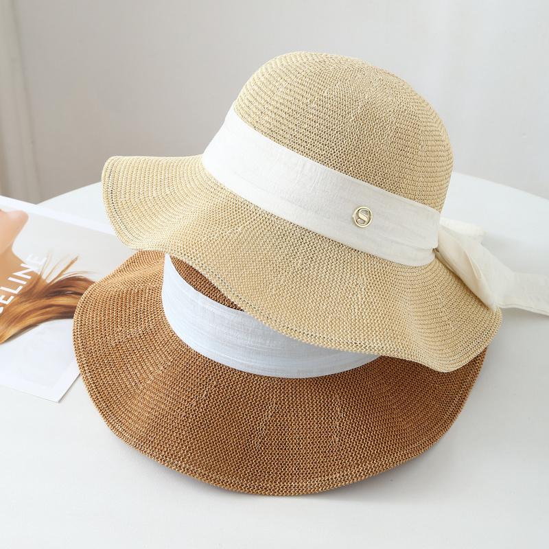 Knitted Fisherman Hat with Ribbon Bow, Bucket Hat Spring, Summer, Autumn, Windproof, Adult Women's Hat