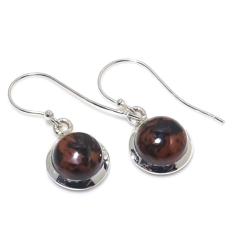 Orecchino in Argento Sterling Massiccio 925 con Pietra Preziosa di Ossidiana Mogano Naturale 1,25" m3t20