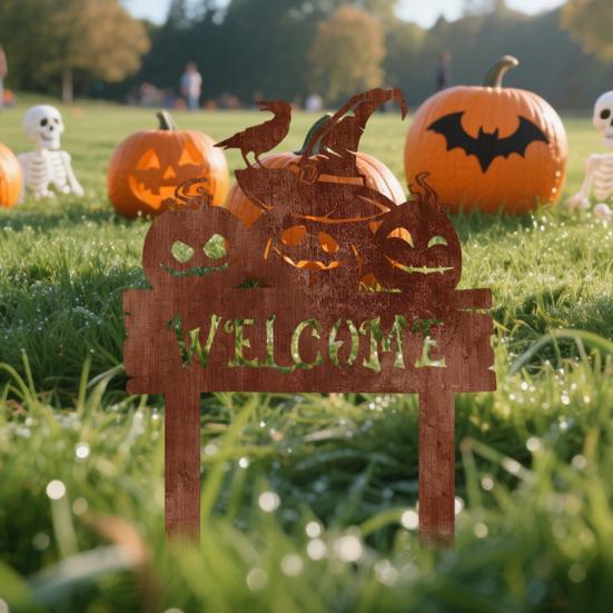 Halloween Landscape Accents Rusty Metal Pumpkin Garden Stake, Spooky Evil Face Welcome Yard Sign, Silhouette Stakes Outdoor Decorative Lawn