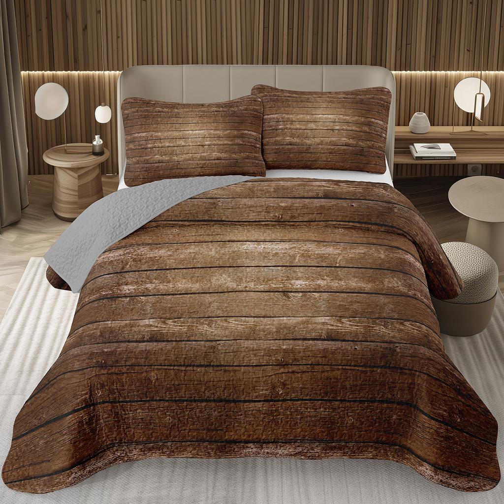 Wood Barn Door Bedspread Queen/Twin Wood Grain Quilted Coverlet Retro Rustic Farmhouse Bedding Set Reversible Grey Quilt Set