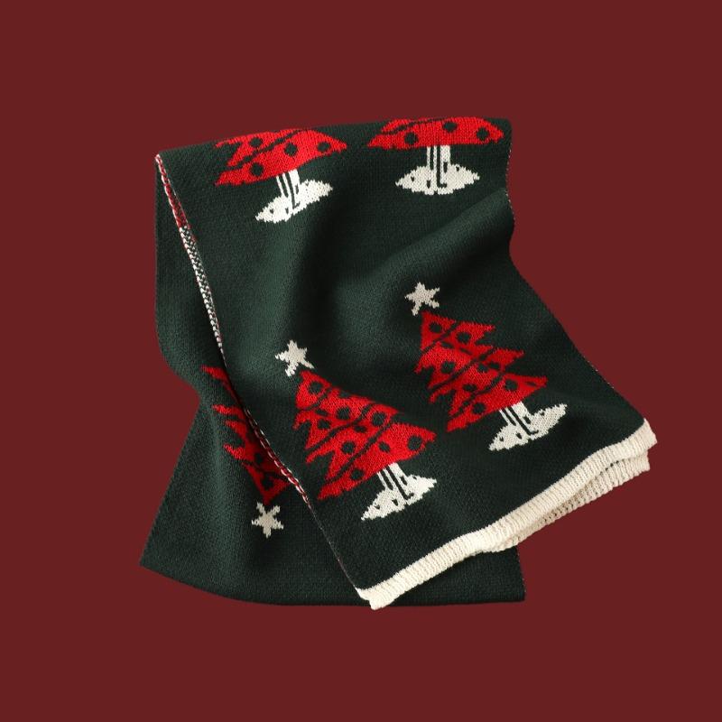 Versatile Christmas Knitted Wool Red Scarf Deer Elk Print Snowflake Warm Personality Couple Scarf Student