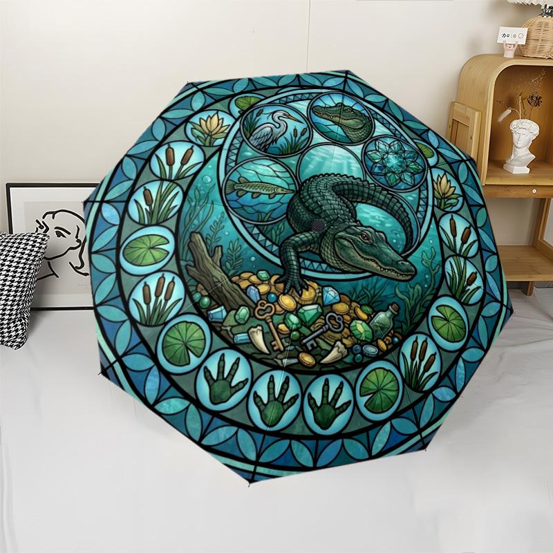 Alligator Treasure Glass Pattern Umbrella, Portable and Foldable Design, 8 Ribs, a Casual Accessory for Halloween, Christmas, and Birthday Gifts.