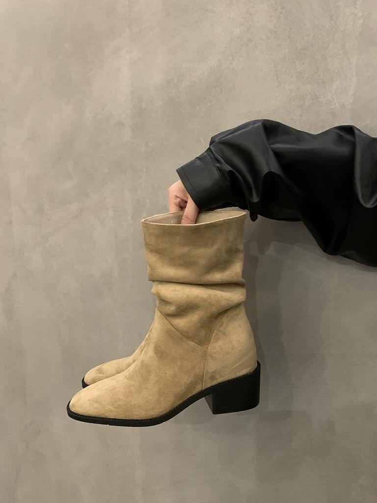 Retro Stacking Boots Women's Summer and Autumn 2025 New Thin Khaki Martin Boots Thick Heel Photo Cowboy Short Boots Women