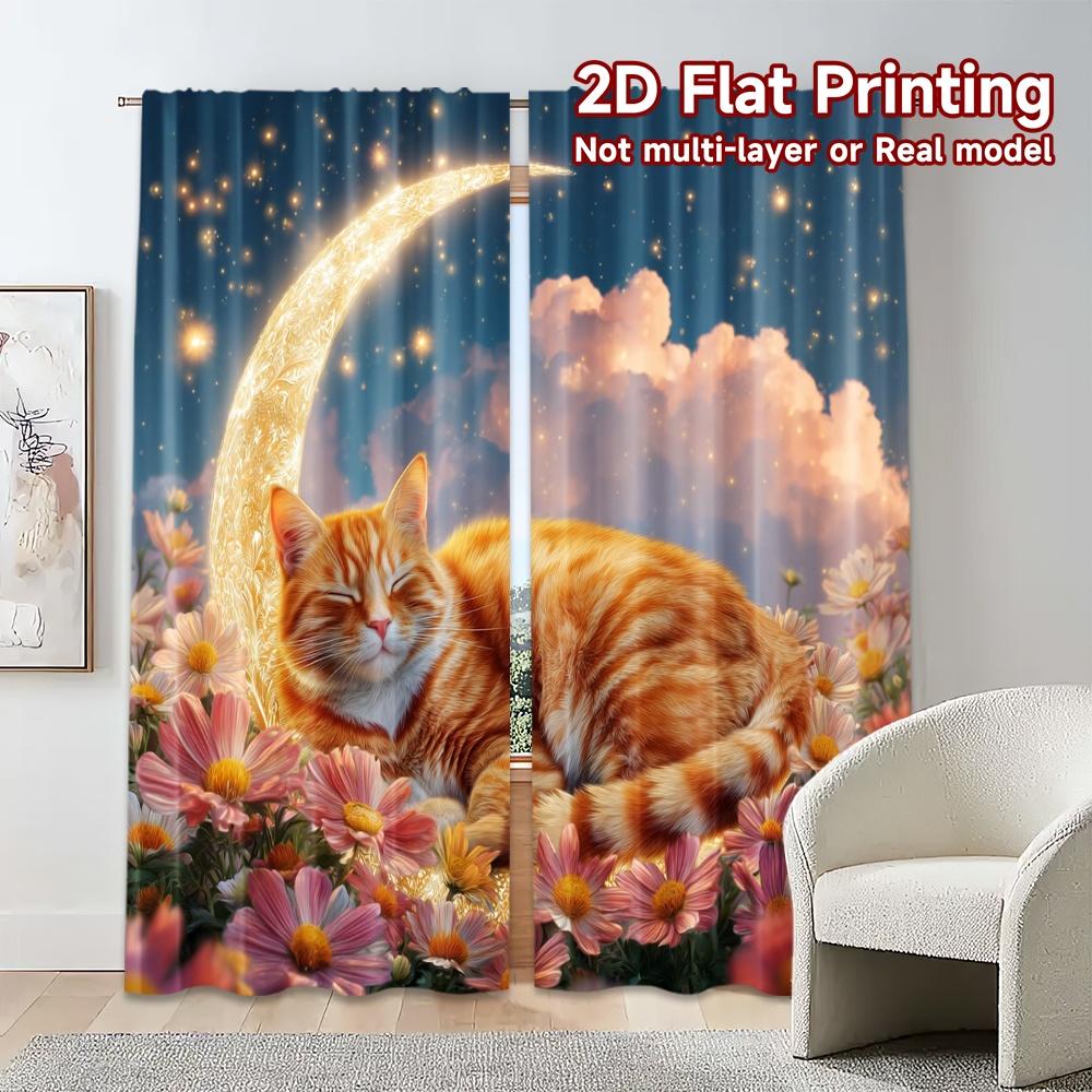 2pcs, 2D FLAT PRINTING Curtains (Without Rod) Moonlit Cat Popular Curtain Cloth Versatile Fabric Curtains Decorations For Home