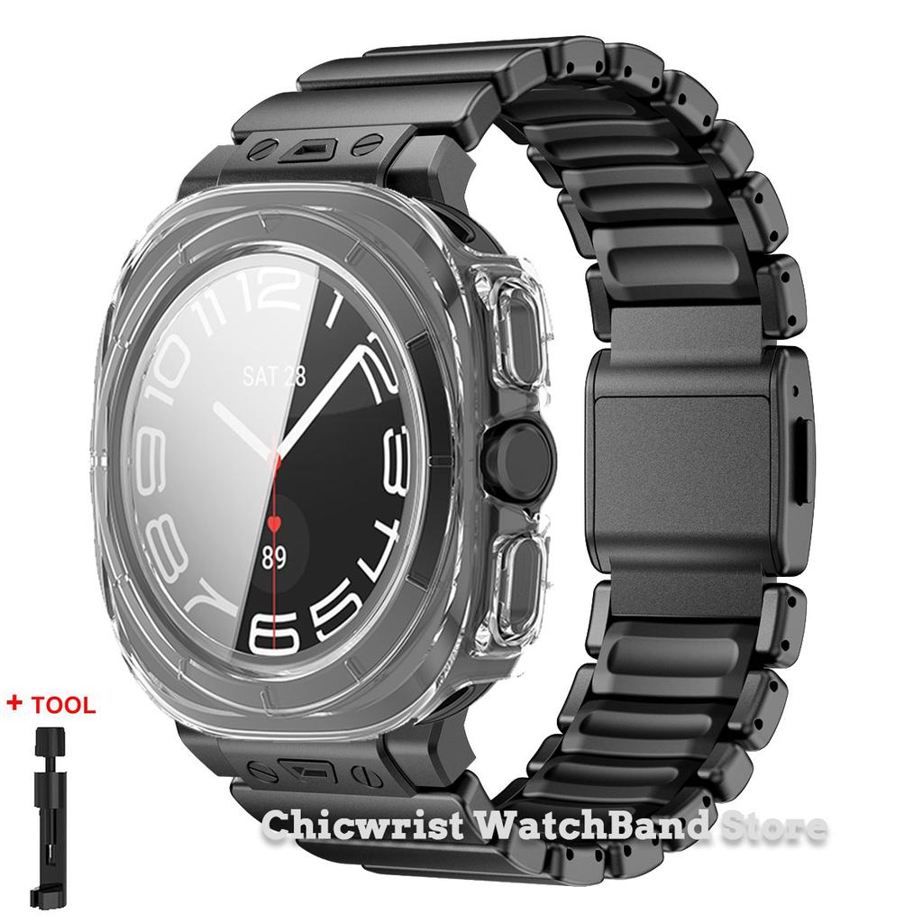 Armband+Hülle für Samsung Galaxy Watch Ultra 2025/7 ultra Edelstahl Gummiarmband Gehärtetes Glas Displayschutz Hülle aus Hart-PC