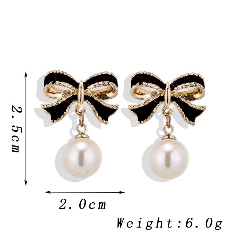 Trendy Black Red Bow Knot Drop Earrings for Women Enamel Oil Metal Imitation Pearl Dangle Earrings Wedding Party Sweet Jewelry