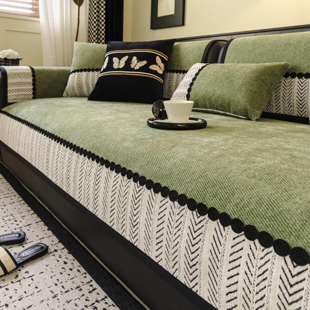 

Contrast Black White Hem Twill Chenille Sofa cover Universal Non-Slip Sofa Towel, Pet-Friendly Couch Cover for All Seasons 90x90cm зелёный