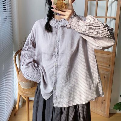 Vintage Linen Ruffles Collar Accordion Pleated Sleeves Shirts Spring Casual Loose Solid Color Women Blouses