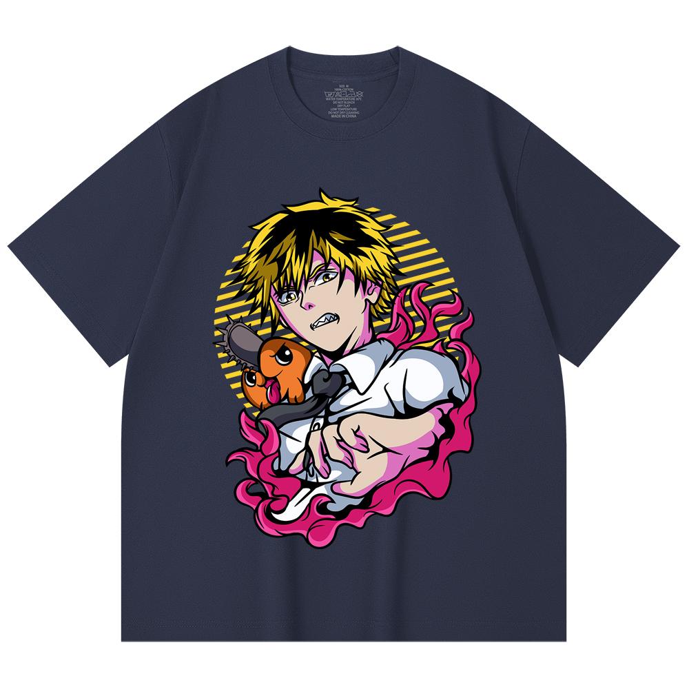 230 g/m² 100% Baumwolle Kettensägenmann V4 Denji Pochita Aufdruck Unisex Schweres Baumwoll-T-Shirt