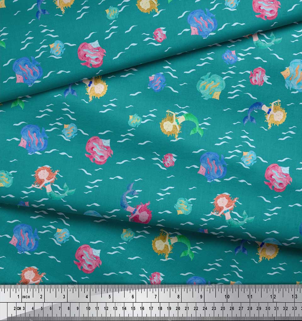 Soimoi Blue Poly Crepe Fabric Mermaid & Starfish Ocean Print Fabric by the metre 42 Inch
