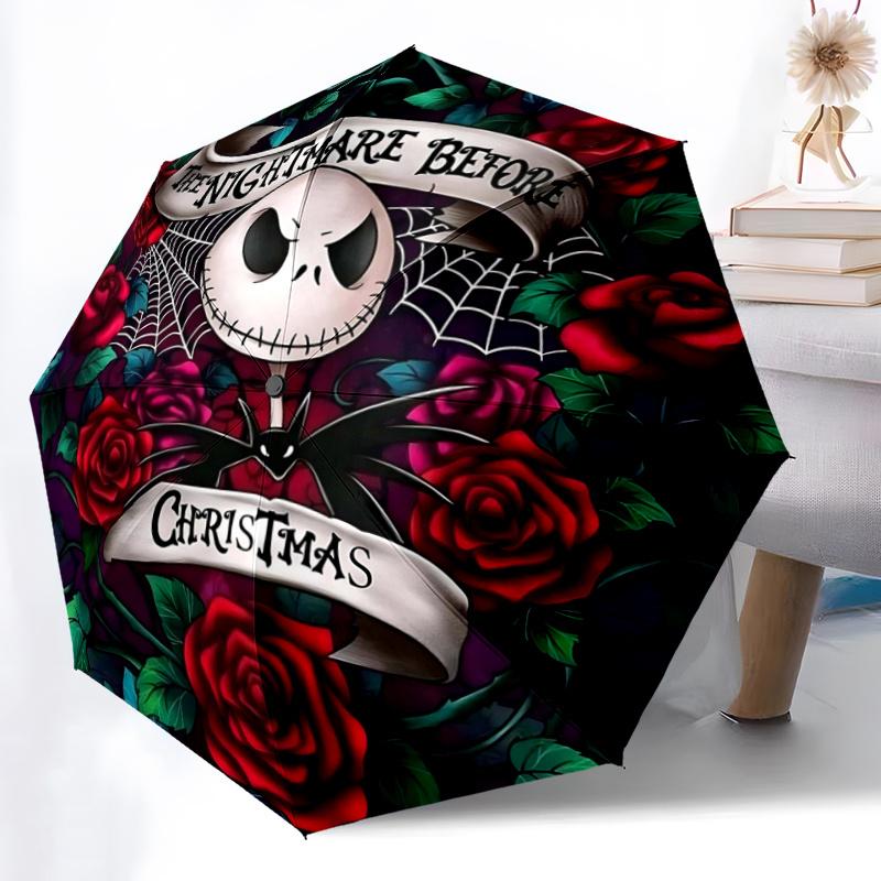 1pc The Nightmare Before Christmas Jack Skellington Automatic Opening Folding Umbrella with 8-Rib Iron Frame, Suitable for Fans, Travel, Dai