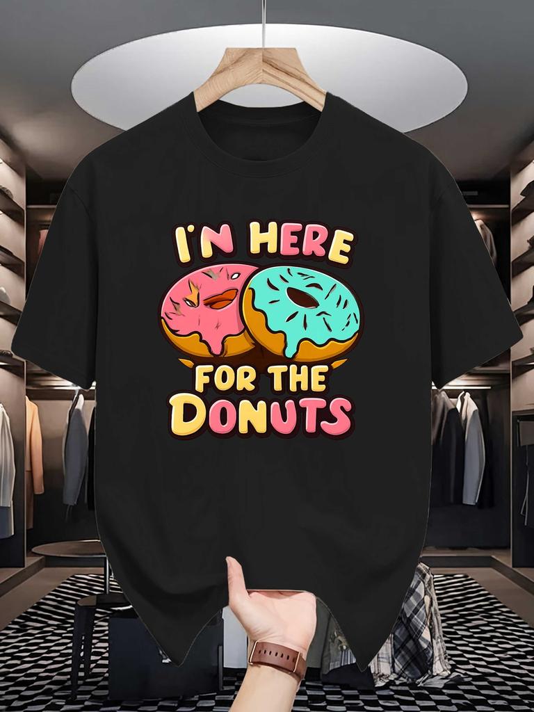 I M Here For The Donuts Print Unisexs Crew Neck T Shirt Colorful Doughnut Cartoon Graphic Short Sleeve Casual Cotton Summer Tees
