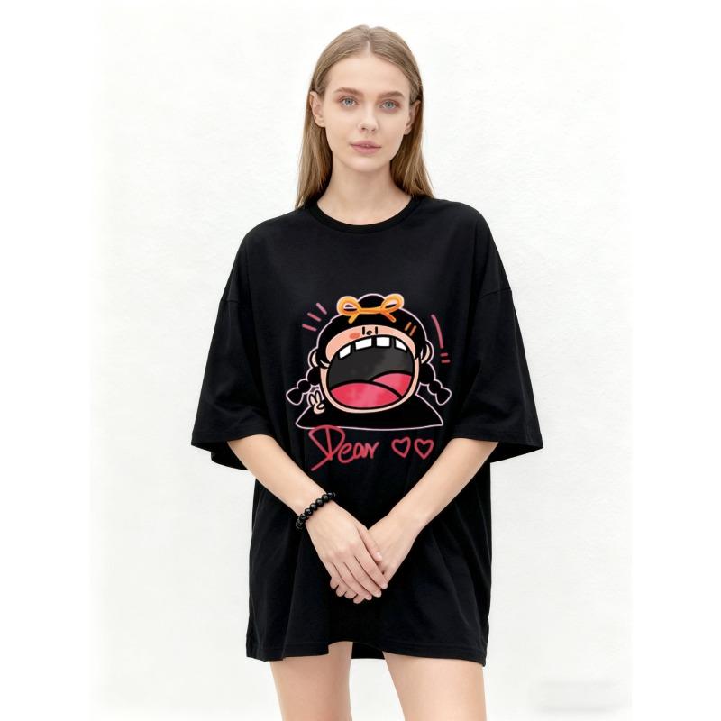 Oversized T Shirt Black Cartoon Character With Open Mouth And Dear Text Graphic Print Casual Streetwear For Women