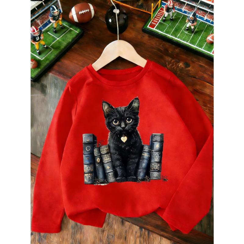 European sizes Kids' Fashion Print Black Cat and Book Print Long-Sleeve, Stylish Print, Versatile for Daily Wear, Outdoor Top