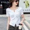 V-neck Button High-quality Pleated High-waisted Short Fashionable and Versatile Korean Style Short-sleeved Women's T-shirt Top
