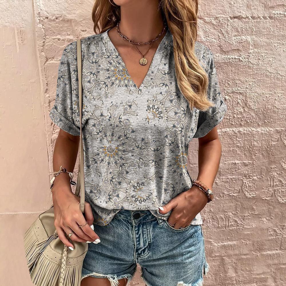 Women's T-shirt retro floral print summer casual V-neck women's clothing short-sleeved T-shirt women's fashion