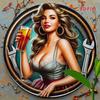 Vintage Metal Wall Art Round Plaque Elegant Woman with Wrench and Drink Home Bar Cafe Decor
