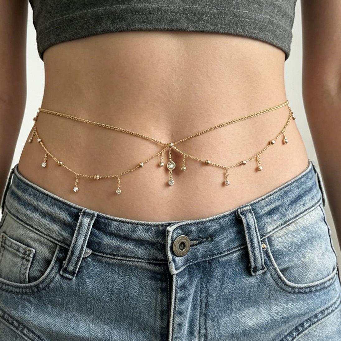Double Layer Rhinestone Cross Chain Waist Chain for Women Elegant Versatile Fringe Belly Button Ring Body Chain Accessory